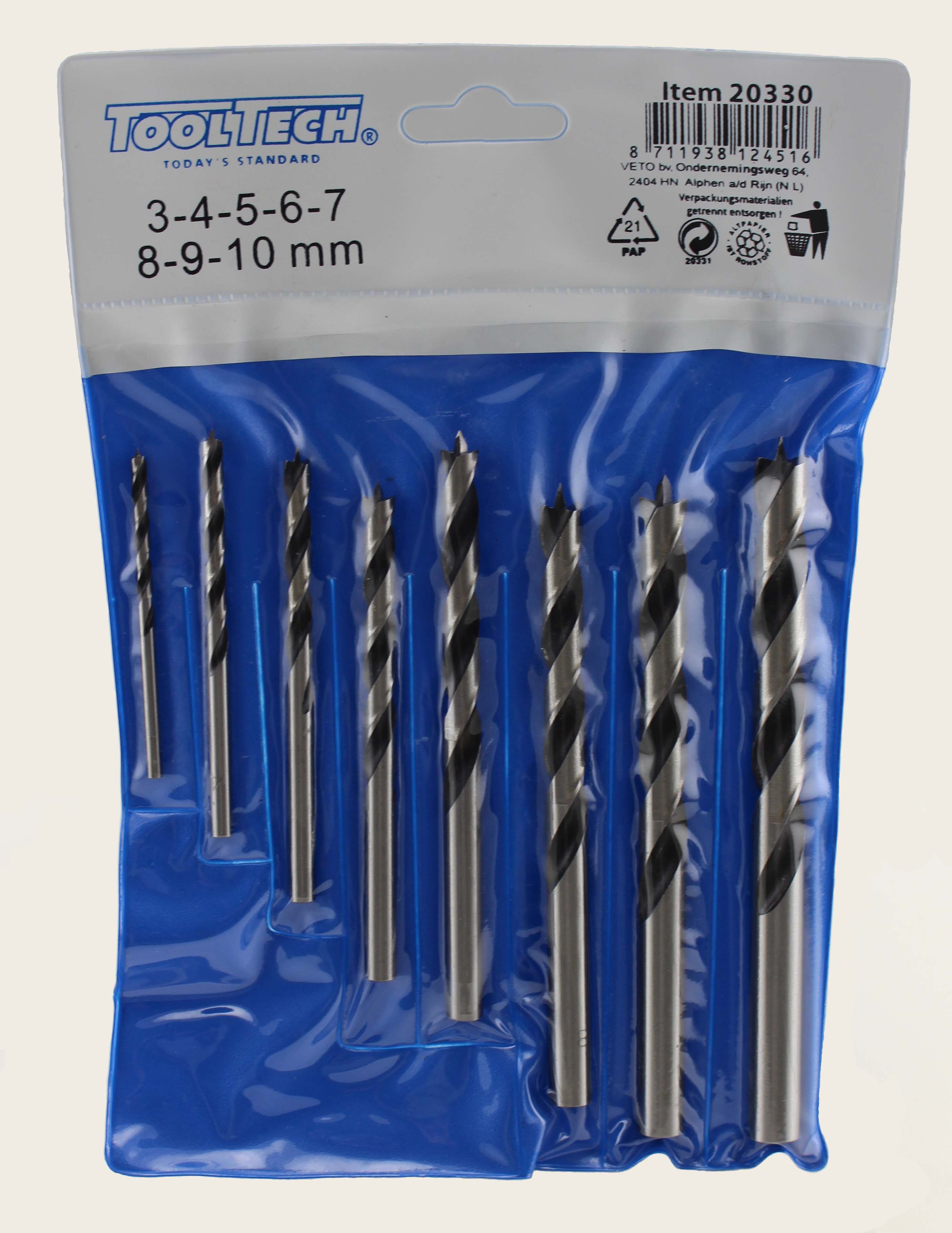 Houtborenset 3-4-5-6-7-8-9-10 mm in plastic etui